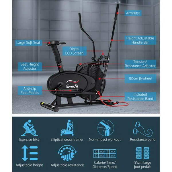 Everfit Exercise Bike 4 in 1 Elliptical Cross Trainer Home Gym Indoor Cardio | Fitness Equipment Store