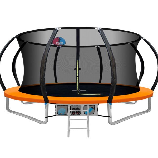 14ft Trampoline Everfit Kids Trampoline Rebounder w/ Ladder Basketball Hoop Orange | Fitness Equipment Store