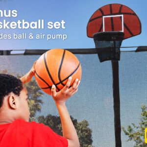 UP-SHOT 16ft Round Kids Trampoline with Curved Pole Design, Basketball Set and Sprinkler Accessory, Black and Orange | Fitness Equipment Store