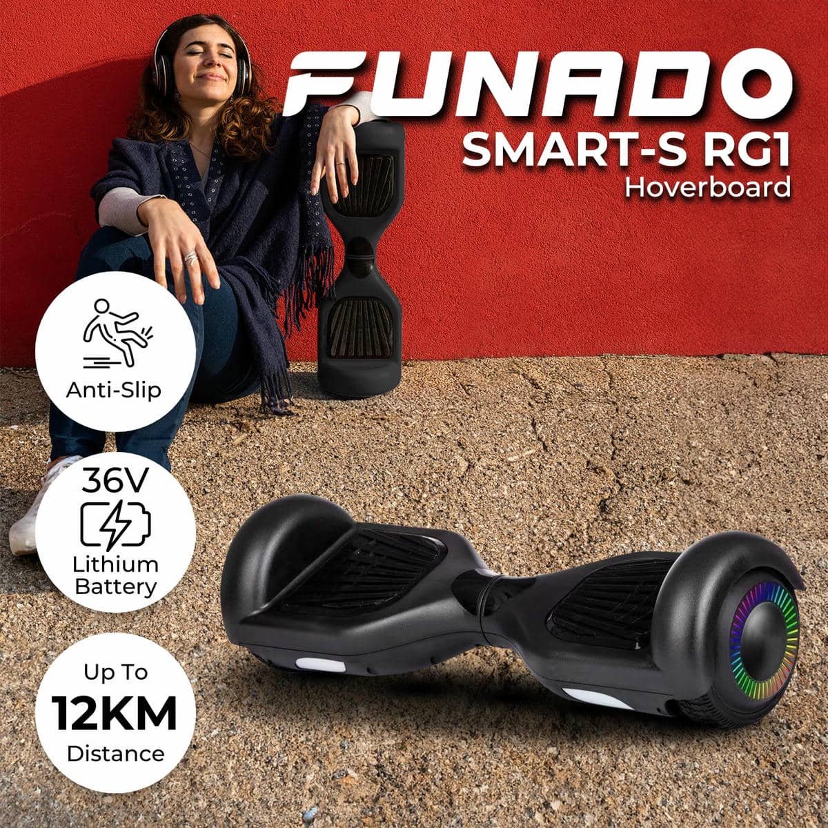 Funado Smart-S RG1 Hoverboard Black 2 Funado Smart-S RG1 Hoverboard Black - Image 2