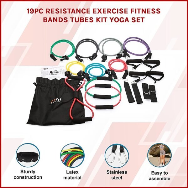19PC Resistance Exercise Fitness Bands Tubes Kit Yoga Set | Fitness Equipment Store