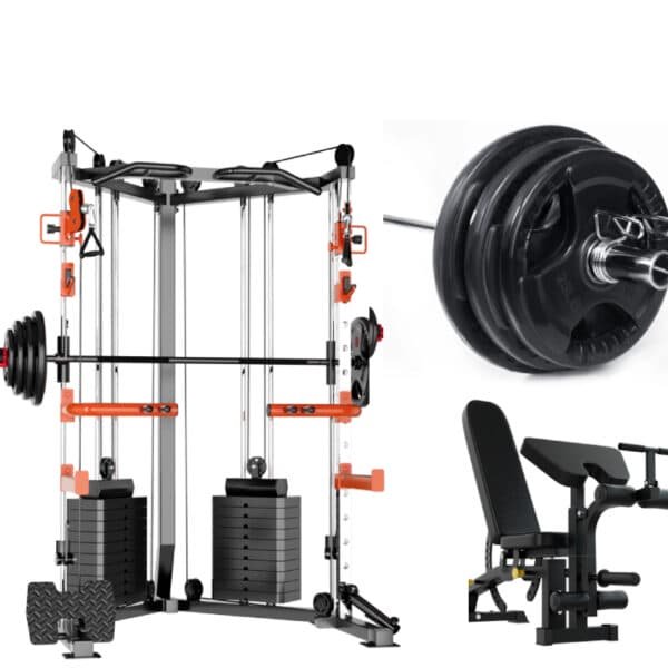 SmartFit C1 Max Multi Functional Cable Crossover Station 130kgs Pin Loaded Machine + Multi Func Bench+7Ft Olympic Barbell + 100kgs Weights | Fitness Equipment Store