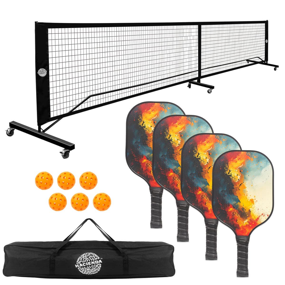 Pickleball Set with 4 Fiberglass Paddles, 6 Balls, Net, and Carry Bag 1 Pickleball Set with 4 Fiberglass Paddles, 6 Balls, Net, and Carry Bag