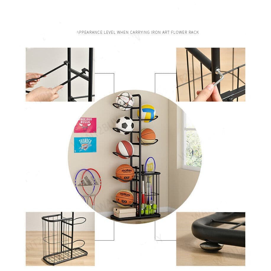 V201-FCA7555BL8AU-208709-05.jpg Basketball Soccer Storage Rack Sport Ball Organizer Ball Holder Display Stand With Basket | Fitness Equipment Store
