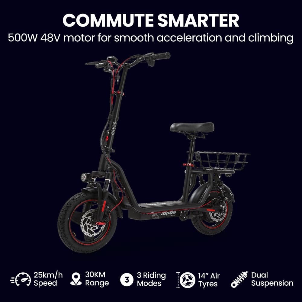 ALPHA Rover Electric Scooter with Seat, 500W 48V 25km/h 30km Range, 14-inch Tyres, Motorised Commuter eScooter for Adults, Black 3 ALPHA Rover Electric Scooter with Seat, 500W 48V 25km/h 30km Range, 14-inch Tyres, Motorised Commuter eScooter for Adults, Black - Image 3