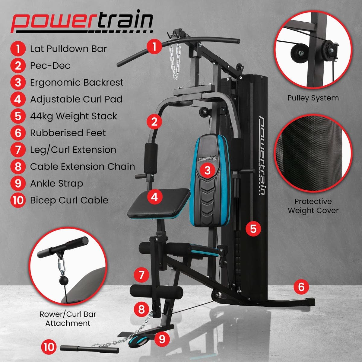 Powertrain JX-300 Multi Station Home Gym 44kg Weight Stack Cable Machine, Curl Pad Leg Extension and Pull-down Bar 2 Powertrain JX-300 Multi Station Home Gym 44kg Weight Stack Cable Machine, Curl Pad Leg Extension and Pull-down Bar - Image 2