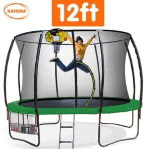Kahuna 12ft Outdoor Trampoline Kids Children With Safety Enclosure Pad Mat Ladder Basketball Hoop Set - Green | Fitness Equipment Store