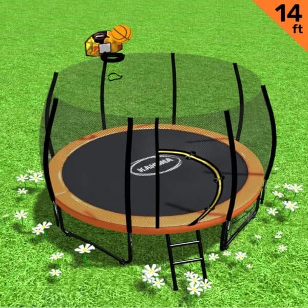 Kahuna Twister 14ft Springless Trampoline Outdoor Kids Safety Net Pad Mat with Basketball Set | Fitness Equipment Store