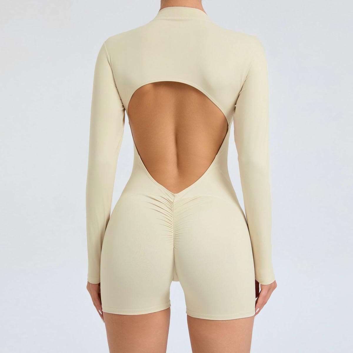 S Beige Backless Scrunch Butt Workout Jumpsuit - Long-Sleeve Open-Back Yoga Romper 1 S Beige Backless Scrunch Butt Workout Jumpsuit - Long-Sleeve Open-Back Yoga Romper