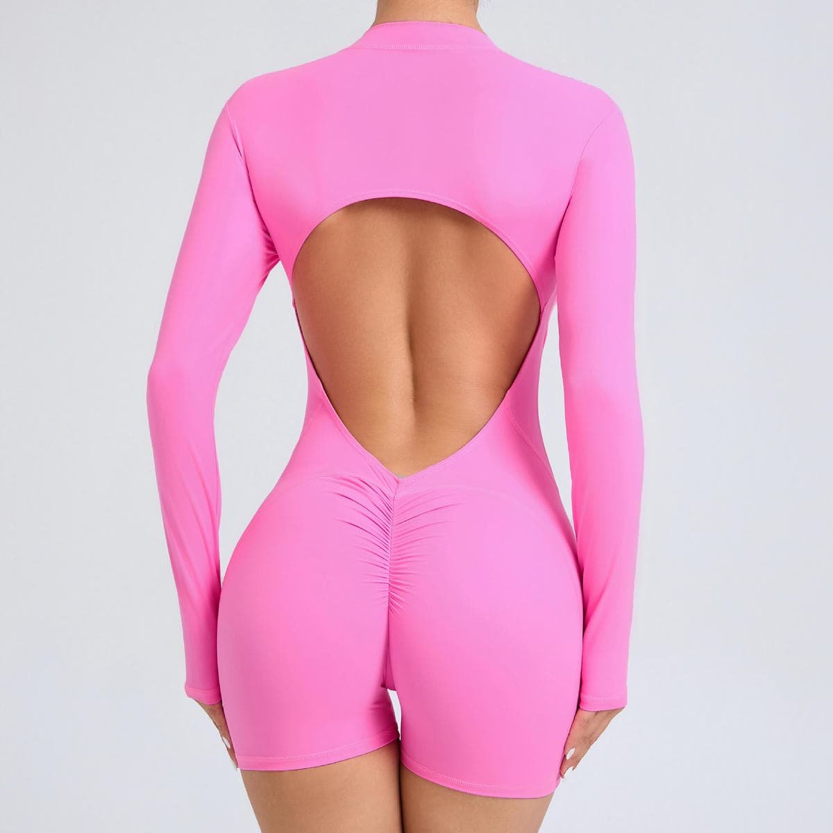 M Pink Backless Scrunch Butt Workout Jumpsuit - Long-Sleeve Open-Back Yoga Romper 1 M Pink Backless Scrunch Butt Workout Jumpsuit - Long-Sleeve Open-Back Yoga Romper