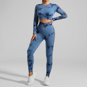 Dark Blue Size M Tie-Dye Yoga Set Long Sleeve Butt Lift Leggings Seamless Workout Training Gym Clothes | Fitness Equipment Store