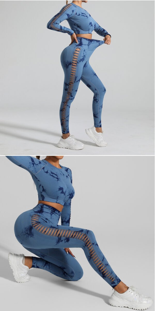 Dark Blue Size M Tie-Dye Yoga Set Long Sleeve Butt Lift Leggings Seamless Workout Training Gym Clothes | Fitness Equipment Store