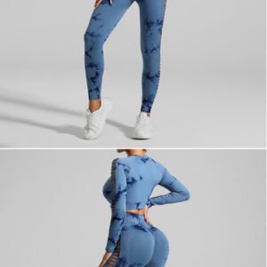 Dark Blue Size M Tie-Dye Yoga Set Long Sleeve Butt Lift Leggings Seamless Workout Training Gym Clothes | Fitness Equipment Store