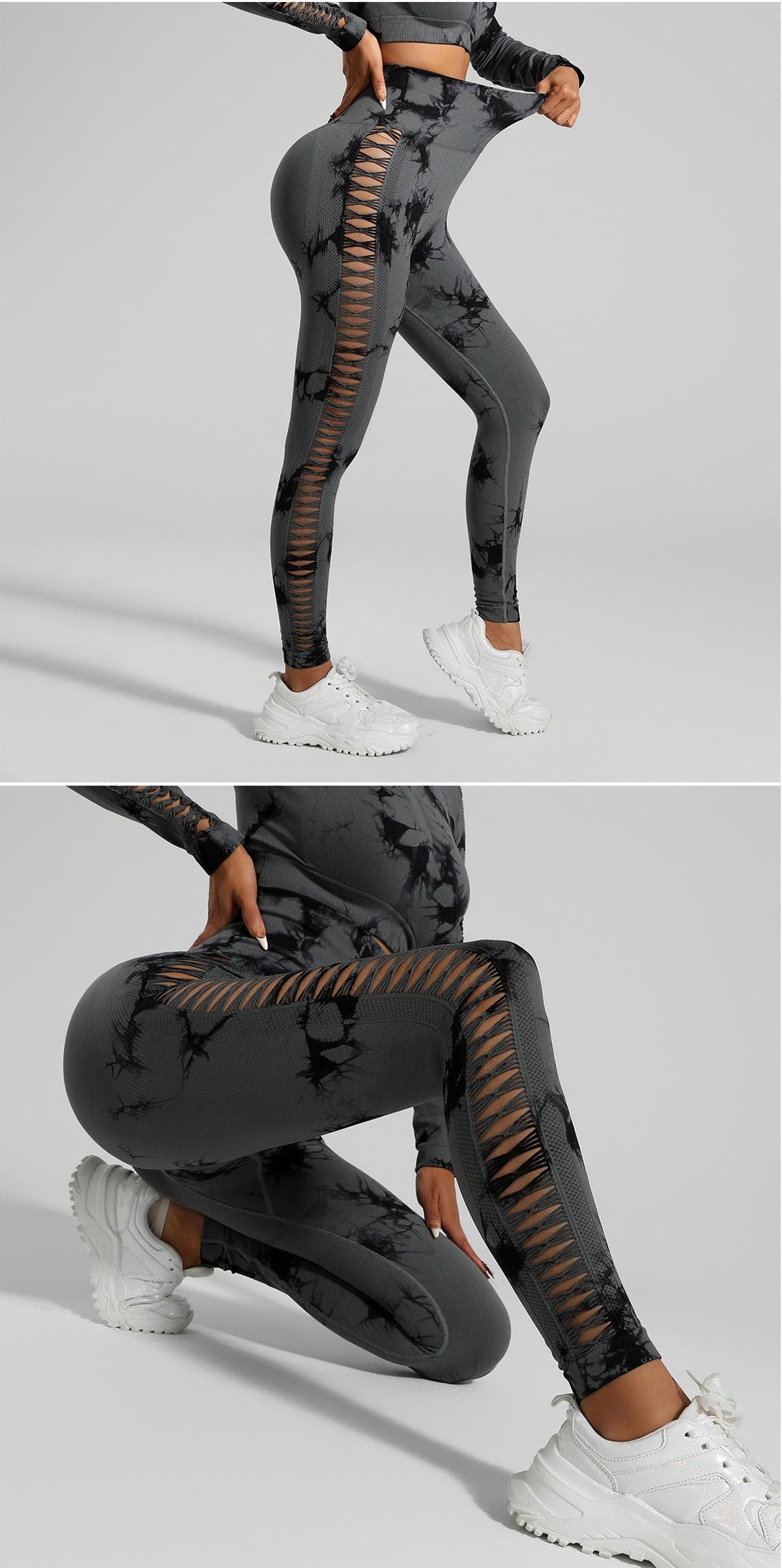 Dark Gray Size S Tie-Dye Yoga Set Long Sleeve Butt Lift Leggings Seamless Workout Training Gym Clothes 2 Dark Gray Size S Tie-Dye Yoga Set Long Sleeve Butt Lift Leggings Seamless Workout Training Gym Clothes - Image 2