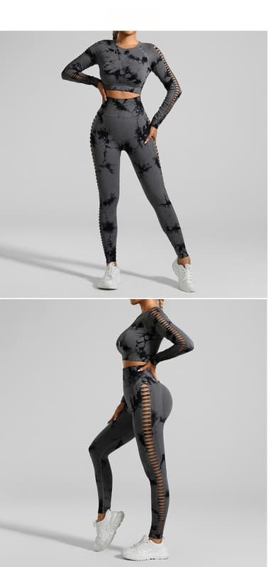 Dark Gray Size S Tie-Dye Yoga Set Long Sleeve Butt Lift Leggings Seamless Workout Training Gym Clothes 3 Dark Gray Size S Tie-Dye Yoga Set Long Sleeve Butt Lift Leggings Seamless Workout Training Gym Clothes - Image 3