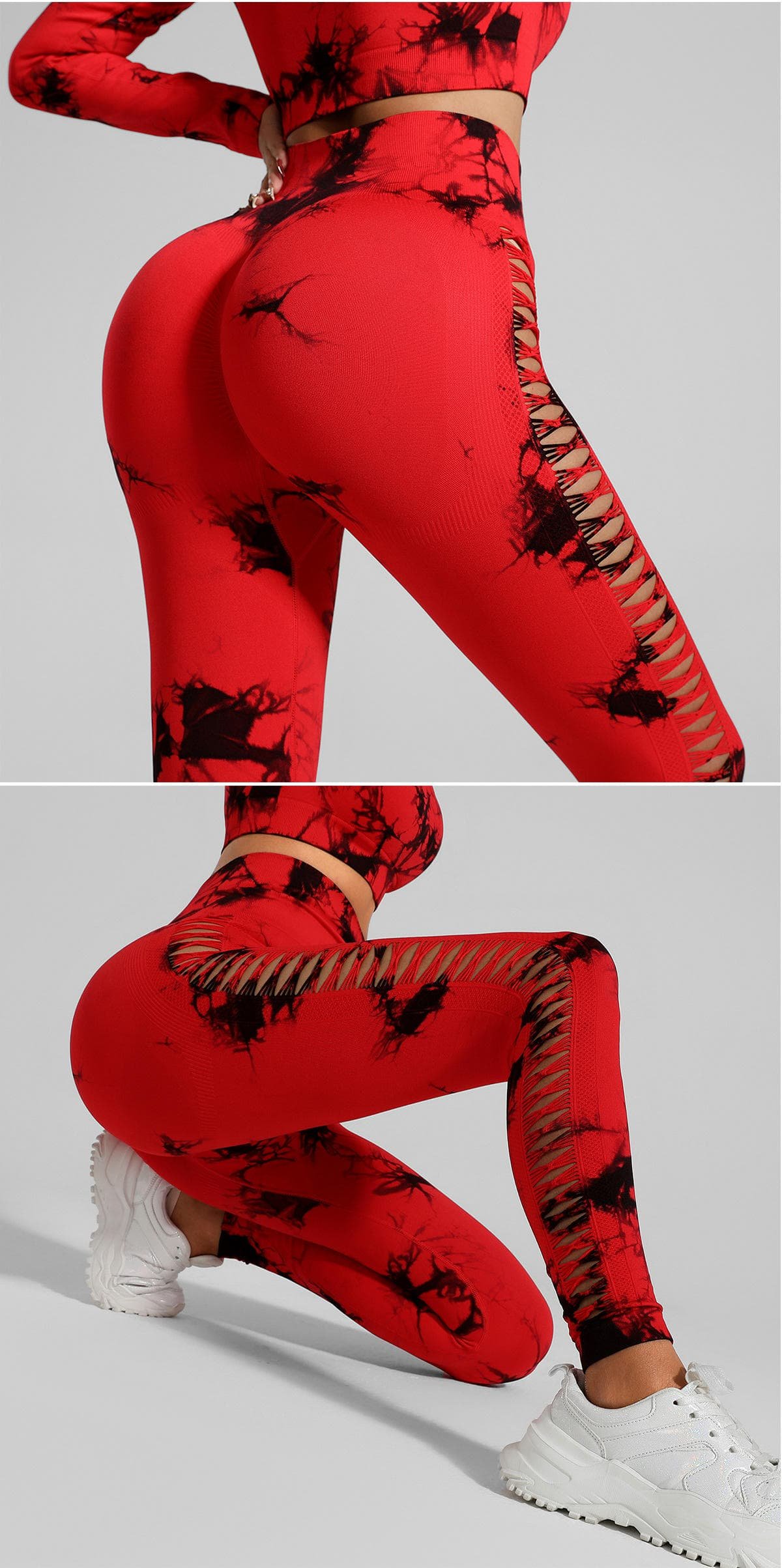 Red and Black Tie-Dye Size L Tie-Dye Yoga Set Long Sleeve Butt Lift Leggings Seamless Workout Training Gym Clothes 2 Red and Black Tie-Dye Size L Tie-Dye Yoga Set Long Sleeve Butt Lift Leggings Seamless Workout Training Gym Clothes - Image 2