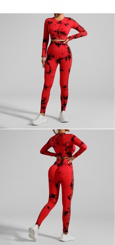 Red and Black Tie-Dye Size L Tie-Dye Yoga Set Long Sleeve Butt Lift Leggings Seamless Workout Training Gym Clothes 3 Red and Black Tie-Dye Size L Tie-Dye Yoga Set Long Sleeve Butt Lift Leggings Seamless Workout Training Gym Clothes - Image 3