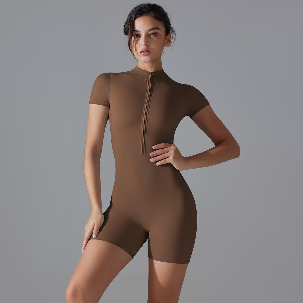 Brown Size S Women's Summer Zip-Up Bodysuit - Short Sleeve, High Stretch Yoga & Dance Outfit, Breathable Fitness Wear 1 Brown Size S Women's Summer Zip-Up Bodysuit - Short Sleeve, High Stretch Yoga & Dance Outfit, Breathable Fitness Wear