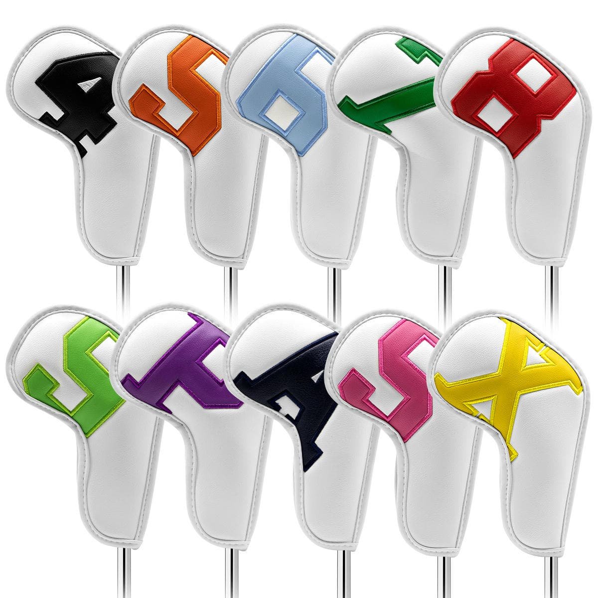 White covers with various colored numbers, Premium PU Leather Golf Iron Headcover Set (10pcs) | Numbered 4-9, P, S, A, X | Protective Club Covers for Irons 1 White covers with various colored numbers, Premium PU Leather Golf Iron Headcover Set (10pcs) | Numbered 4-9, P, S, A, X | Protective Club Covers for Irons