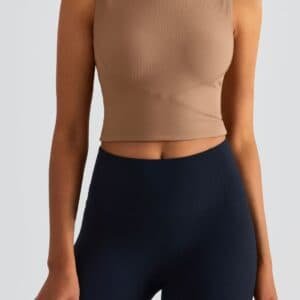 Size 8 Brown Fixed Cup Sports Bra with Cross-Back Design - Seamless Yoga Bra for Women