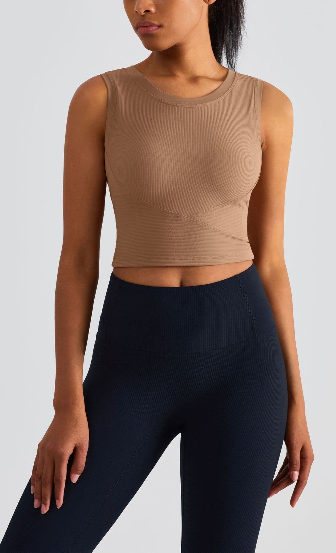 Size 6 Brown Fixed Cup Sports Bra with Cross-Back Design - Seamless Yoga Bra for Women 1 Size 6 Brown Fixed Cup Sports Bra with Cross-Back Design - Seamless Yoga Bra for Women