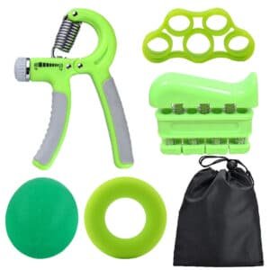 Green 5-Piece Hand Grip Strength Training Set - Adjustable Grip Exerciser, Silicone Grip Rings & Grip Ball