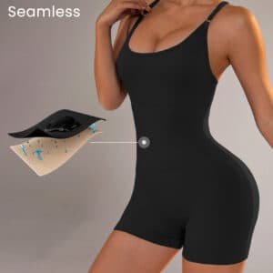 Size M Black Nylon Seamless Yoga Bodysuit - Women's Athletic Romper, Crisscross Back, Workout Jumpsuit