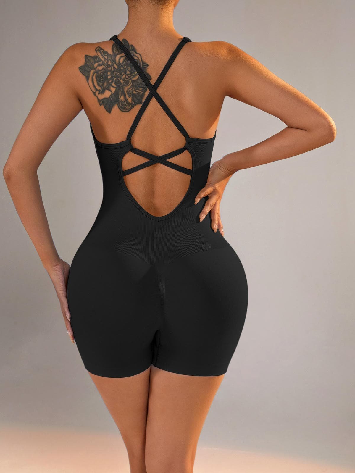 Size L Black Nylon Seamless Yoga Bodysuit - Women's Athletic Romper, Crisscross Back, Workout Jumpsuit 6 Size L Black Nylon Seamless Yoga Bodysuit - Women's Athletic Romper, Crisscross Back, Workout Jumpsuit - Image 6