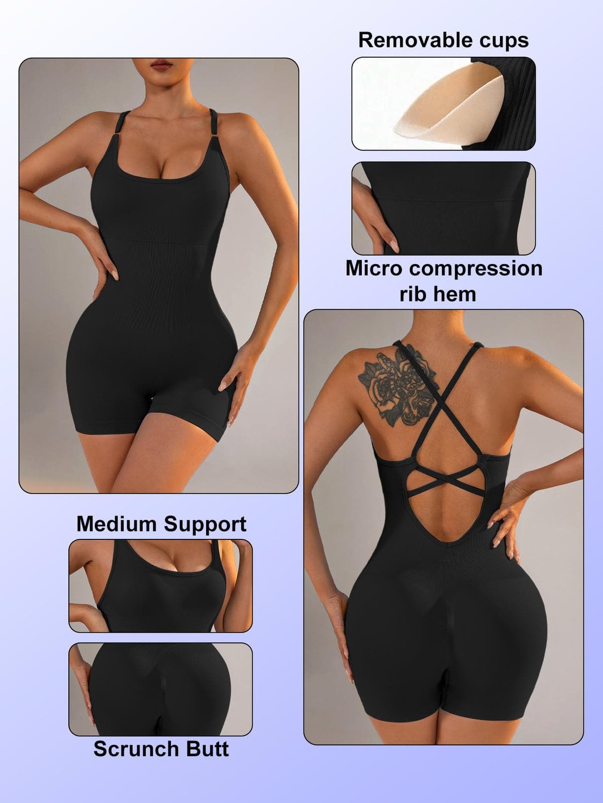 Size L Black Nylon Seamless Yoga Bodysuit - Women's Athletic Romper, Crisscross Back, Workout Jumpsuit 9 Size L Black Nylon Seamless Yoga Bodysuit - Women's Athletic Romper, Crisscross Back, Workout Jumpsuit - Image 9