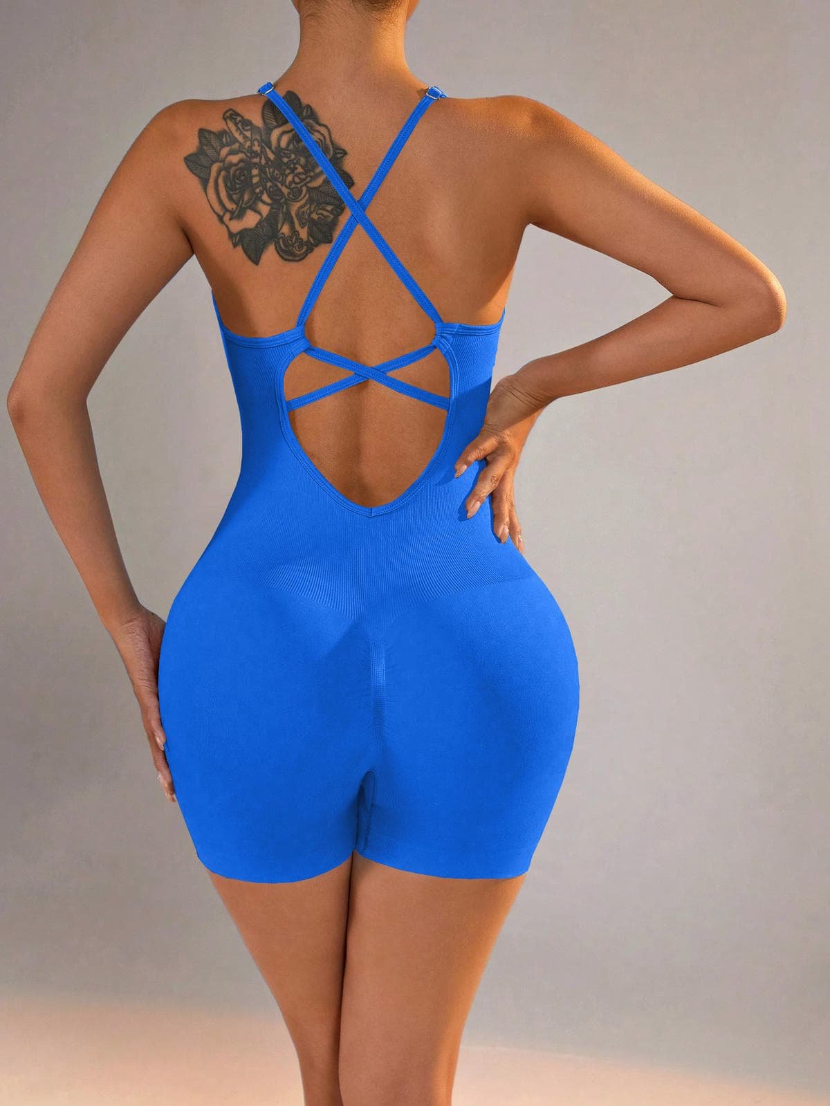 Size M Royal Blue Nylon Seamless Yoga Bodysuit - Women's Athletic Romper, Crisscross Back, Workout Jumpsuit 1 Size M Royal Blue Nylon Seamless Yoga Bodysuit - Women's Athletic Romper, Crisscross Back, Workout Jumpsuit