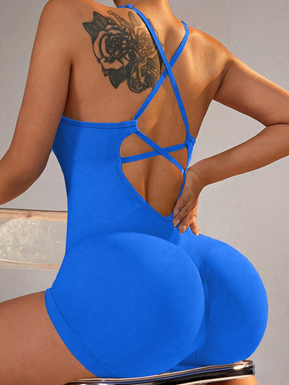 Size M Royal Blue Nylon Seamless Yoga Bodysuit - Women's Athletic Romper, Crisscross Back, Workout Jumpsuit 2 Size M Royal Blue Nylon Seamless Yoga Bodysuit - Women's Athletic Romper, Crisscross Back, Workout Jumpsuit - Image 2