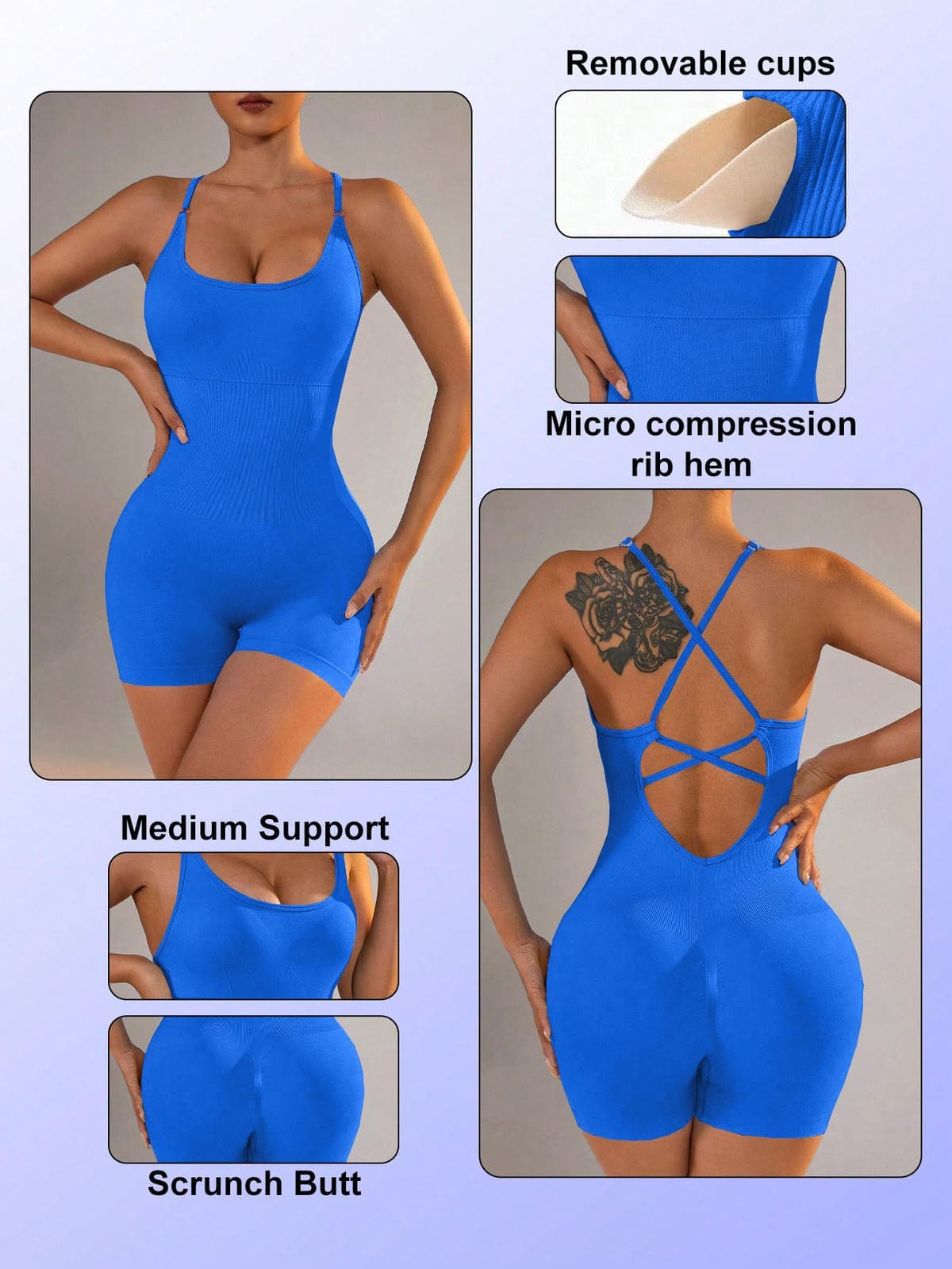 Size M Royal Blue Nylon Seamless Yoga Bodysuit - Women's Athletic Romper, Crisscross Back, Workout Jumpsuit 5 Size M Royal Blue Nylon Seamless Yoga Bodysuit - Women's Athletic Romper, Crisscross Back, Workout Jumpsuit - Image 5