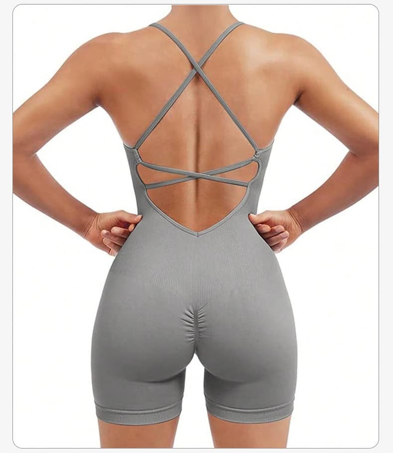 Size S Light Grey Nylon Seamless Yoga Bodysuit - Women's Athletic Romper, Crisscross Back, Workout Jumpsuit 2 Size S Light Grey Nylon Seamless Yoga Bodysuit - Women's Athletic Romper, Crisscross Back, Workout Jumpsuit - Image 2