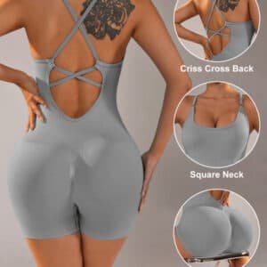 Size M Light Grey Nylon Seamless Yoga Bodysuit - Women's Athletic Romper, Crisscross Back, Workout Jumpsuit