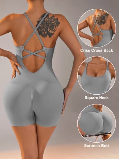 Size M Light Grey Nylon Seamless Yoga Bodysuit - Women's Athletic Romper, Crisscross Back, Workout Jumpsuit 1 Size M Light Grey Nylon Seamless Yoga Bodysuit - Women's Athletic Romper, Crisscross Back, Workout Jumpsuit