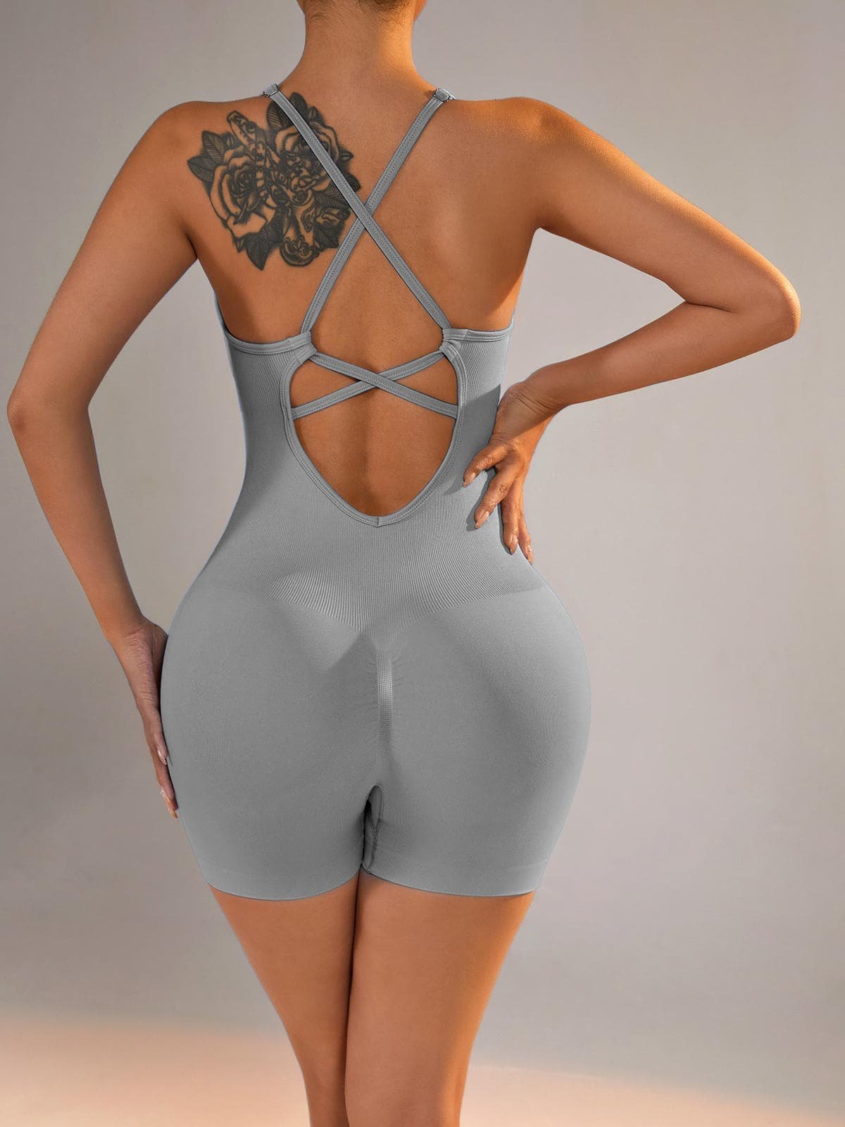 Size M Light Grey Nylon Seamless Yoga Bodysuit - Women's Athletic Romper, Crisscross Back, Workout Jumpsuit 6 Size M Light Grey Nylon Seamless Yoga Bodysuit - Women's Athletic Romper, Crisscross Back, Workout Jumpsuit - Image 6