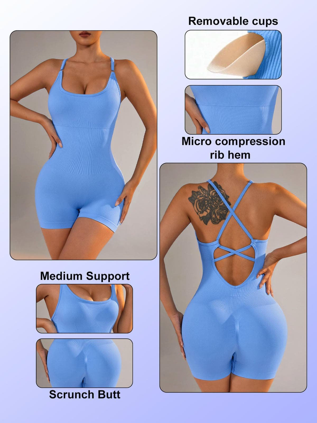 Size L Light Blue Nylon Seamless Yoga Bodysuit - Women's Athletic Romper, Crisscross Back, Workout Jumpsuit 6 Size L Light Blue Nylon Seamless Yoga Bodysuit - Women's Athletic Romper, Crisscross Back, Workout Jumpsuit - Image 6