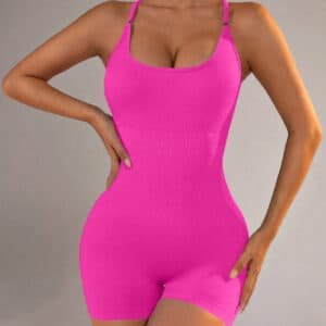 Size M Rose Red Grey Nylon Seamless Yoga Bodysuit - Women's Athletic Romper, Crisscross Back, Workout Jumpsuit