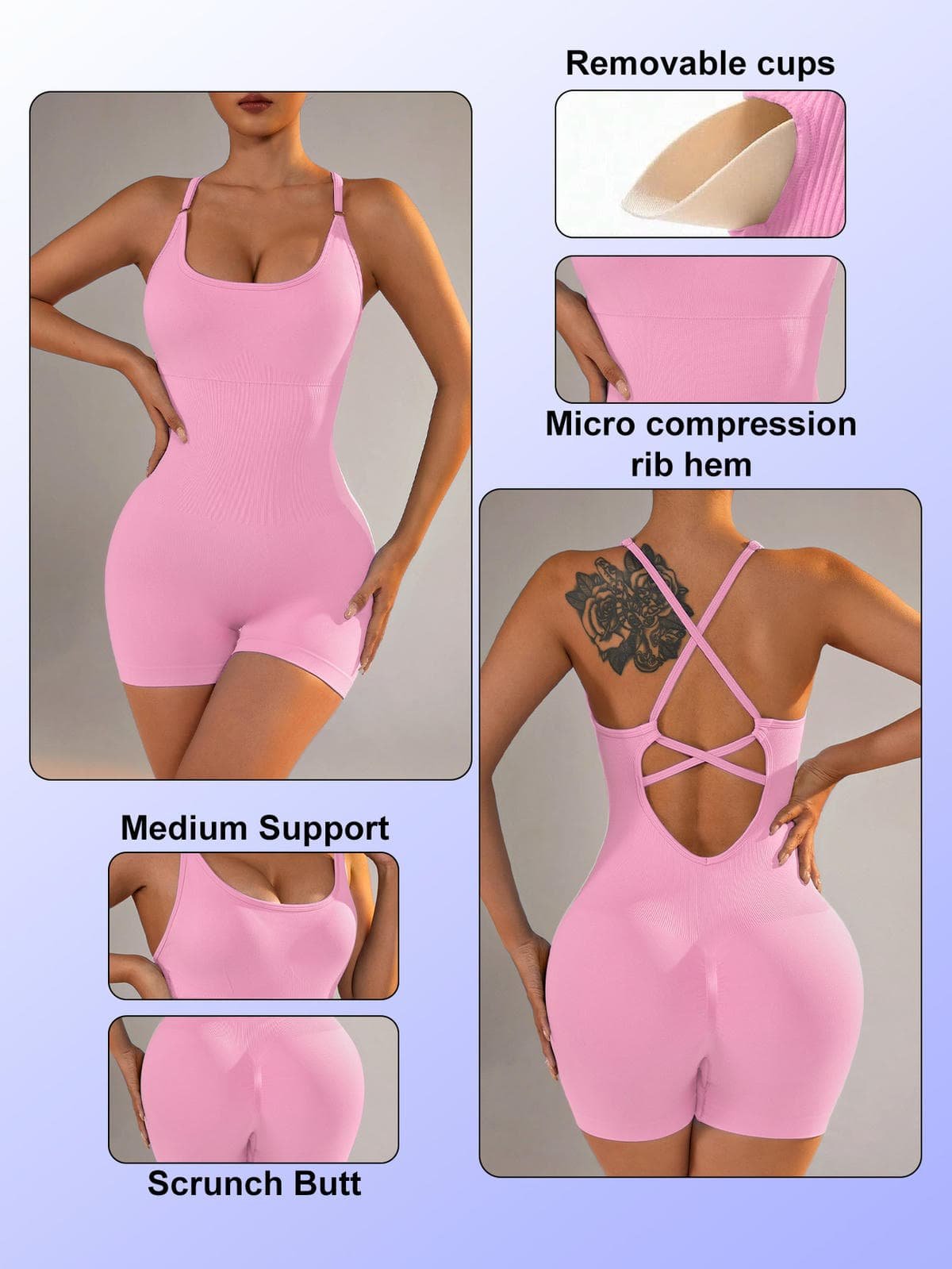 Size S Light Pink Grey Nylon Seamless Yoga Bodysuit - Women's Athletic Romper, Crisscross Back, Workout Jumpsuit 5 Size S Light Pink Grey Nylon Seamless Yoga Bodysuit - Women's Athletic Romper, Crisscross Back, Workout Jumpsuit - Image 5
