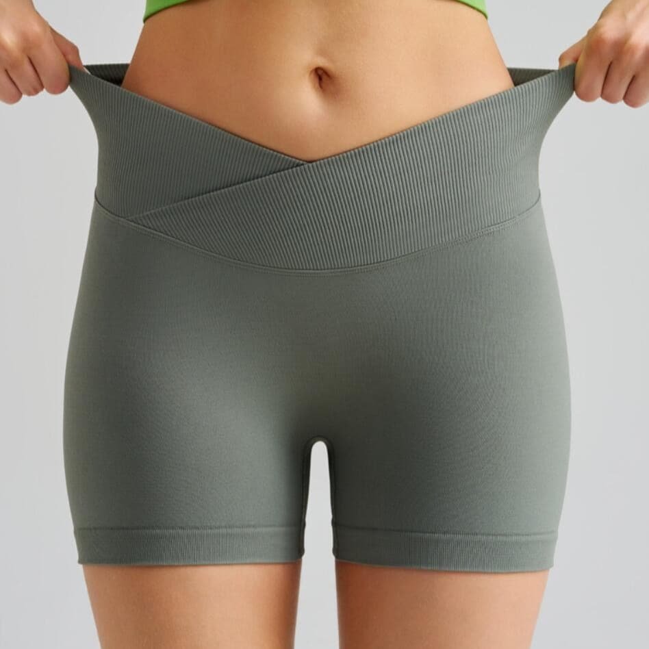 Grass Green Gray Yoga Shorts - Seamless, High Waist, Tummy Control Size M 1 Grass Green Gray Yoga Shorts - Seamless, High Waist, Tummy Control Size M