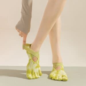 2 Pairs Light Green Tie-Dye Non-Slip Yoga Socks for Women - Five-Toe Cotton Blend Socks for Pilates and Indoor Sports