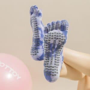 2 Pairs Blue Tie-Dye Non-Slip Yoga Socks for Women - Five-Toe Cotton Blend Socks for Pilates and Indoor Sports