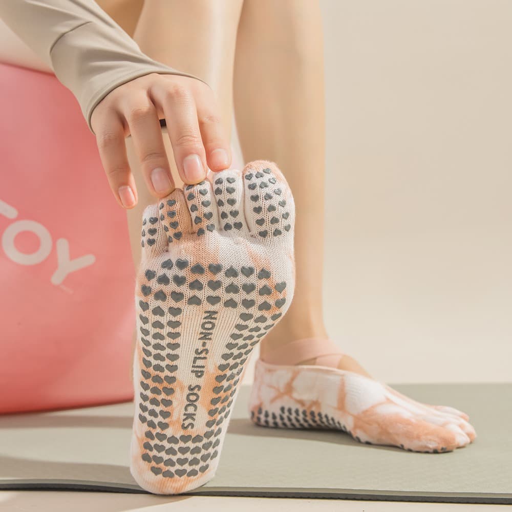 2 Pairs Pink Tie-Dye Non-Slip Yoga Socks for Women - Five-Toe Cotton Blend Socks for Pilates and Indoor Sports 2 2 Pairs Pink Tie-Dye Non-Slip Yoga Socks for Women - Five-Toe Cotton Blend Socks for Pilates and Indoor Sports - Image 2