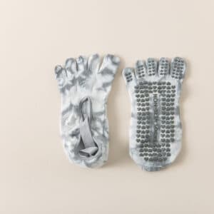 2 Pairs Grey Tie-Dye Non-Slip Yoga Socks for Women - Five-Toe Cotton Blend Socks for Pilates and Indoor Sports