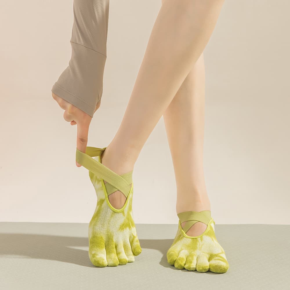 2 Pairs Yellow Tie-Dye Non-Slip Yoga Socks for Women - Five-Toe Cotton Blend Socks for Pilates and Indoor Sports 2 2 Pairs Yellow Tie-Dye Non-Slip Yoga Socks for Women - Five-Toe Cotton Blend Socks for Pilates and Indoor Sports - Image 2