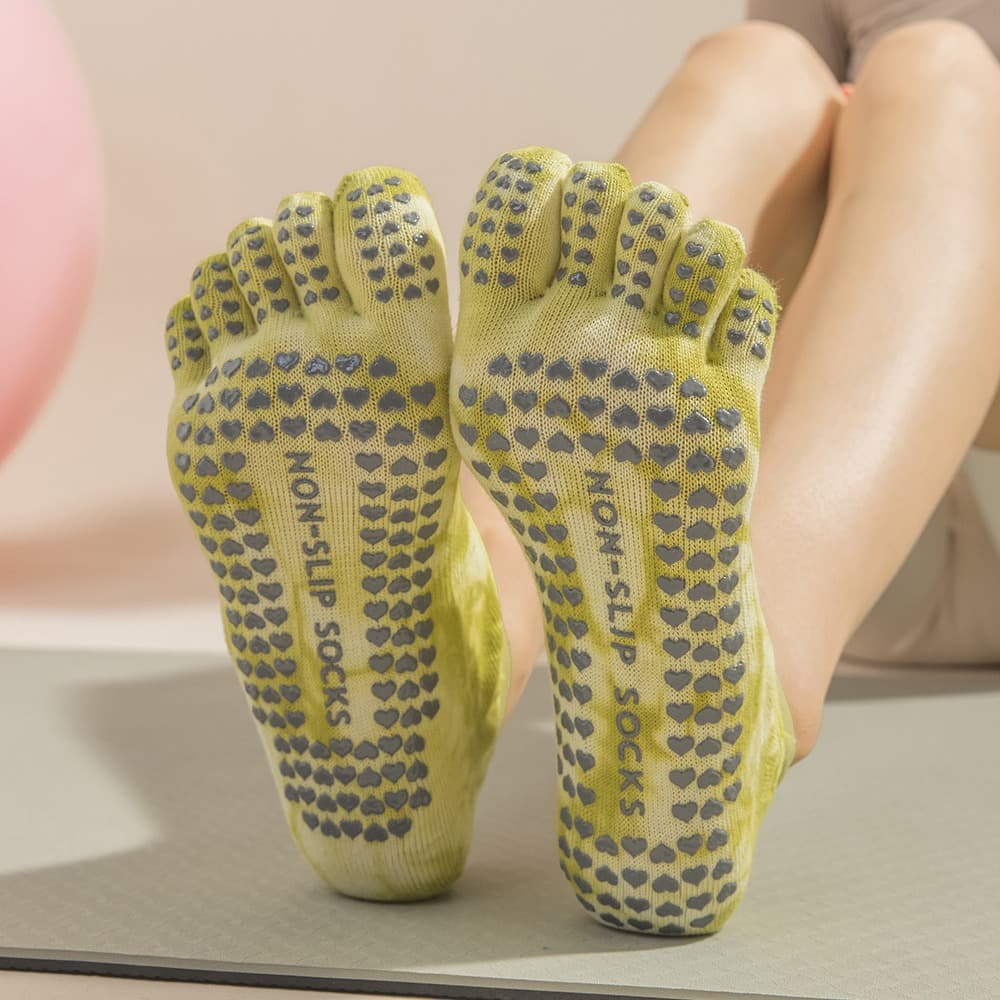 2 Pairs Yellow Tie-Dye Non-Slip Yoga Socks for Women - Five-Toe Cotton Blend Socks for Pilates and Indoor Sports 3 2 Pairs Yellow Tie-Dye Non-Slip Yoga Socks for Women - Five-Toe Cotton Blend Socks for Pilates and Indoor Sports - Image 3