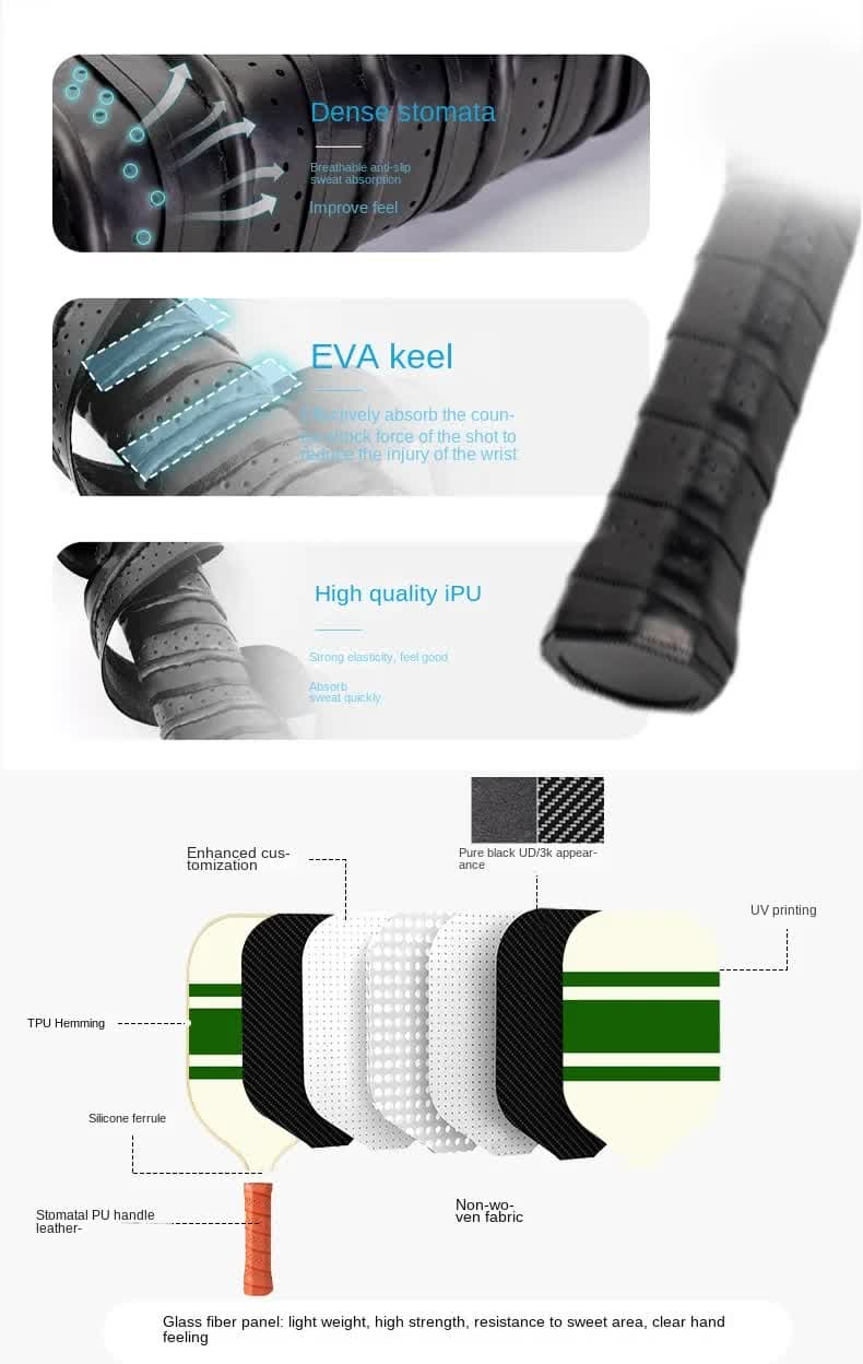 Style 3 White And Green T700 Carbon Fiber & Fiberglass Pickleball Paddle - Lightweight 220g with Anti-Slip TPU Grip for Training & Competition 4 Style 3 White And Green T700 Carbon Fiber & Fiberglass Pickleball Paddle - Lightweight 220g with Anti-Slip TPU Grip for Training & Competition - Image 4