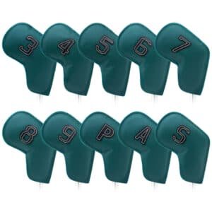 Dark Green Golf Iron Head Covers Set of 10 - Waterproof PU Leather Club Protectors with Embroidered Numbers (3-9, P, A, S)