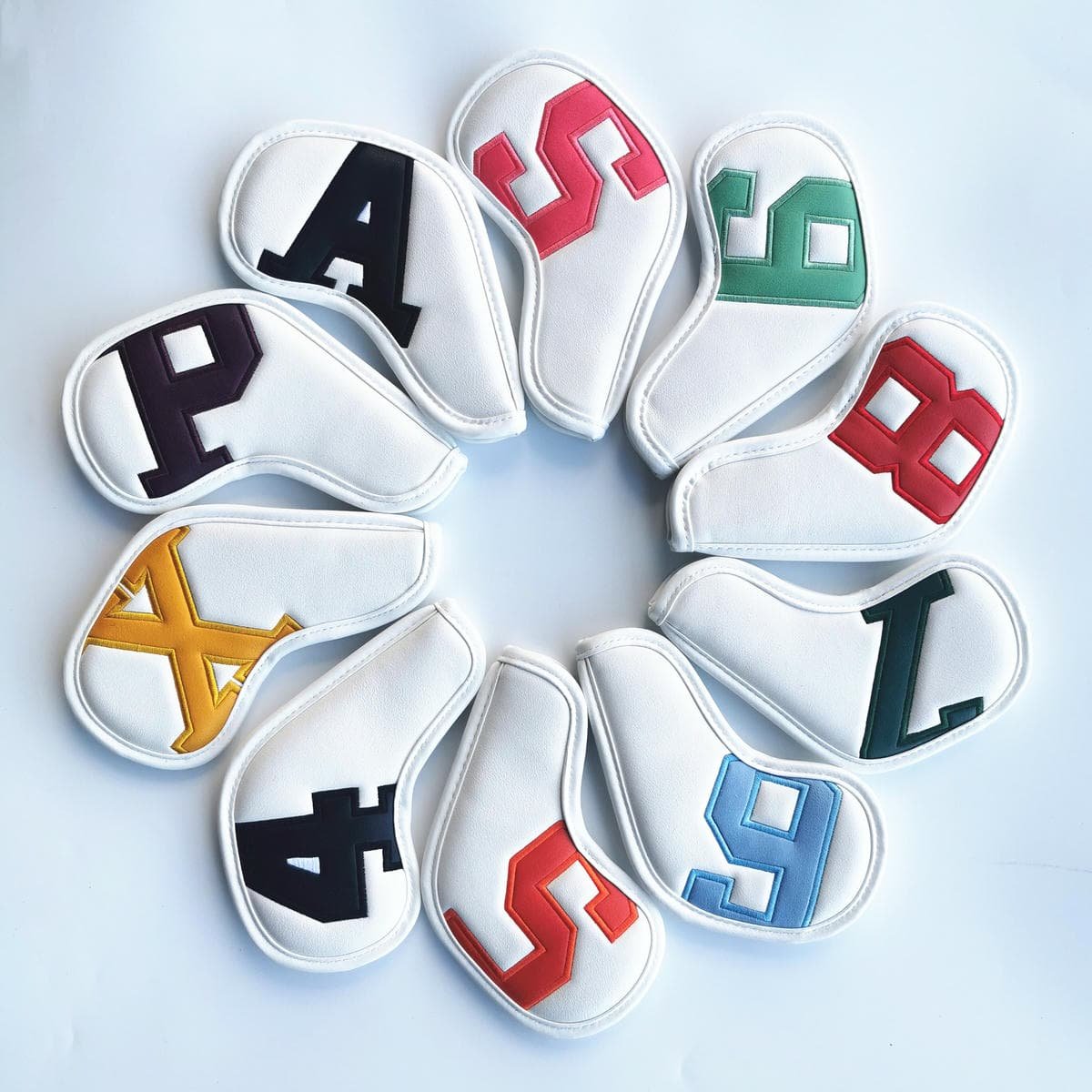 Colorful Words On White Background PU Leather Golf Iron Headcovers Set (10pcs) - Numbered Protective Club Covers (4-9, P, A, S, L) Universal Fit 1 Colorful Words On White Background PU Leather Golf Iron Headcovers Set (10pcs) - Numbered Protective Club Covers (4-9, P, A, S, L) Universal Fit