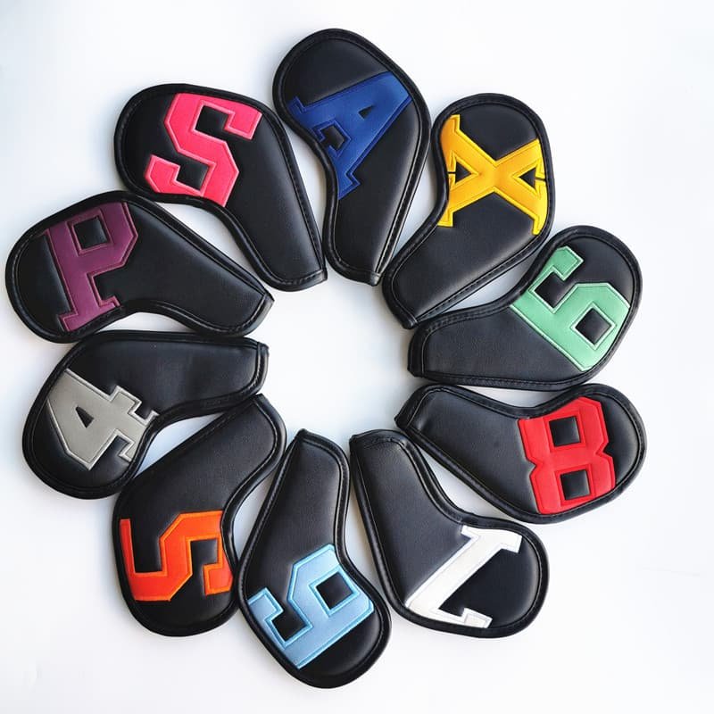 Colorful Words On Black Background PU Leather Golf Iron Headcovers Set (10pcs) - Numbered Protective Club Covers (4-9, P, A, S, L) Universal Fit 1 Colorful Words On Black Background PU Leather Golf Iron Headcovers Set (10pcs) - Numbered Protective Club Covers (4-9, P, A, S, L) Universal Fit